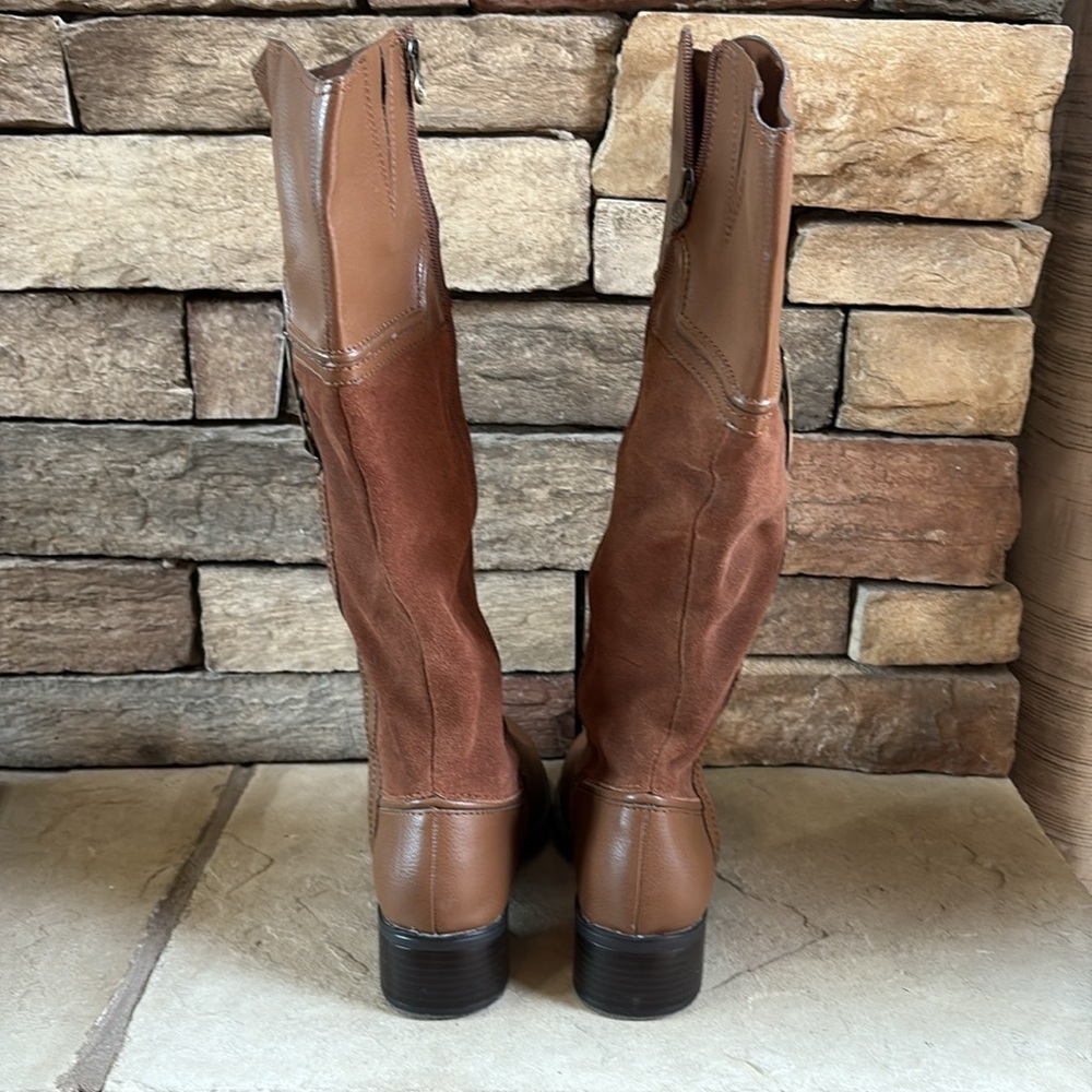 Etienne Aigner Brown Leather & Suede Knee-High Heeled Boots - Picture 7 of 15